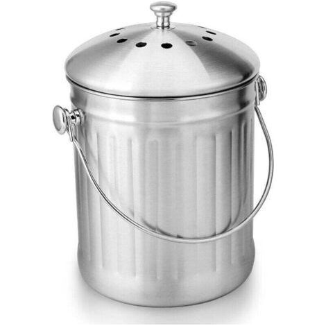 Seau Compost Inodore en Acier Inoxydable pour Cuisine - Poubelle Compost Cuisine - Comprend Filtres à Charbon de Rechange (INOX Brillant, 5 litres) (1/5)