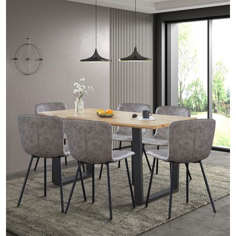 Hallowood Furniture Cullompton Large Dining Table and Chairs Set of 6, Live Edge Effect 6 Seater Dining Table with U-Shaped Legs, and Six Taupe Faux Leather Chairs, Kitchen Set for Home and Cafe (1/5)