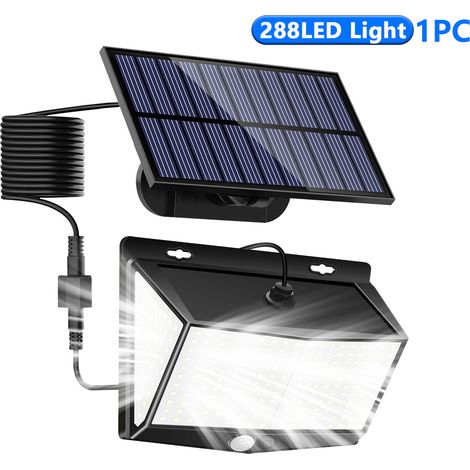 Lampe Solaire Extérieure 288 LED avec Panneau Séparé et Câble 5 m, Applique Murale Solaire à Détecteur de Mouvement PIR, Lumière Blanche, IP65 Étanche, Projecteur Solaire pour Jardin, Cour, Terrasse, (1/4)