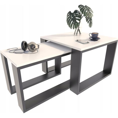 Lot de 2 Table Basses LOFT-PER Blanc-noir - Table de salon Style contemporain - 60 x 60 x 43.3 cm (1/4)