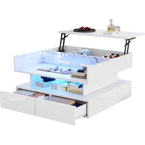 Table basse 80 x 80 x 45 cm à hauteur réglable avec espace de rangement dissimulé et 2 tiroirs, table de salon avec LED, table d’appoint brillante pour salon, en verre trempé, blanc (1/5)