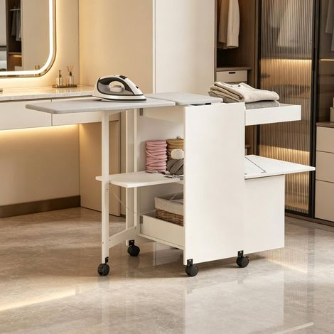 Mueble de planchado plegable 154x55x87 cm en MDF blanco con ruedas - CHICFURN (1/5)