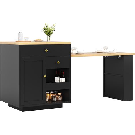 CHICFURN Meuble îlot de cuisine avec plateau coulissant extensible, rangements, porte-bouteilles et tiroirs, MDF noir, 122,5 à 195,5 cm, style moderne (1/5)