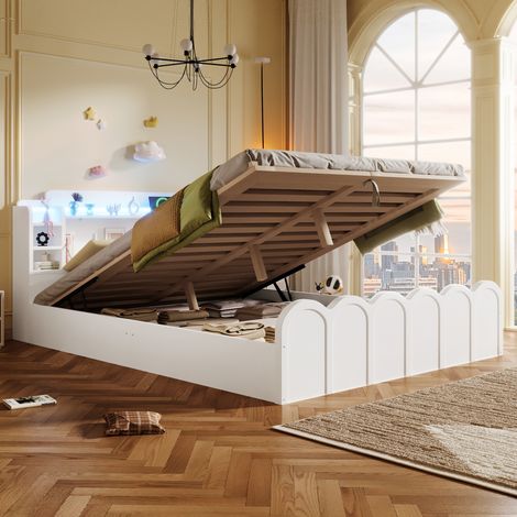 REDOM Lit coffre 140x200 cm avec rangement hydraulique, avec ports USB et Type-C, pin, blanc (Sans matelas) (1/5)