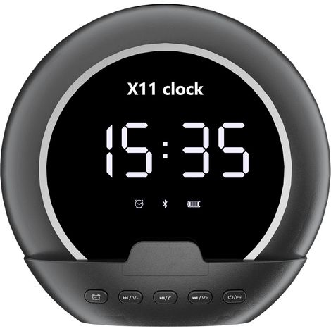 Réveil noir, horloge thermomètre, enceinte multifonction, support pour téléphone, enceinte Bluetooth portable. (1/3)
