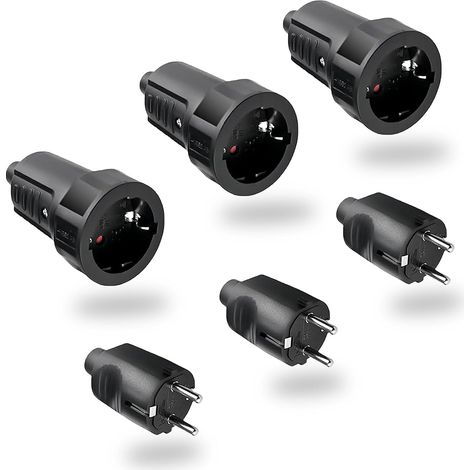 3 Paires Fiche Male Femelle Etanche Exterieur Prise Schuko 250V 6A IP44 Raccord Schuko Prise à 2 Broches Pieds Ronds Fiche Prise Electrique Sans Câble (Noir) (1/5)