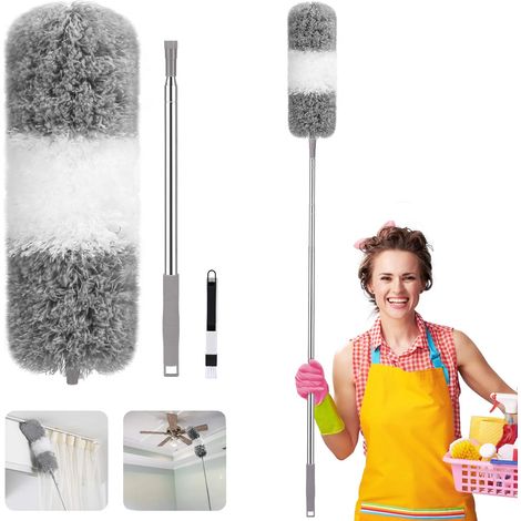 Plumeau Poussière, Microfibre Plumeau Poussière en Télescopique Long de 100'' & Brosse de Nettoyage, Plumeau Toile D'araignée Poussière pour Stores, Toile D'araignée - Pliable Lavable (1/5)