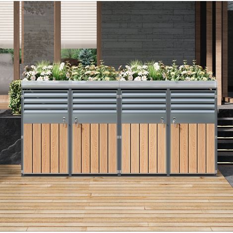 Mueble para cubos de basura 4 compartimentos gris y madera en acero galvanizado con jardinera y cerradura (1/5)
