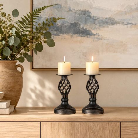 Bougeoirs Pilier Noir: Bougeoirs Vintage pour Bougies Pilier, Bougeoir en Métal Noël Pâques Décoration d'intérieur Salon Mantel Fête Table de Mariage Centre de Table, 2 Pièces (22cm) (1/5)