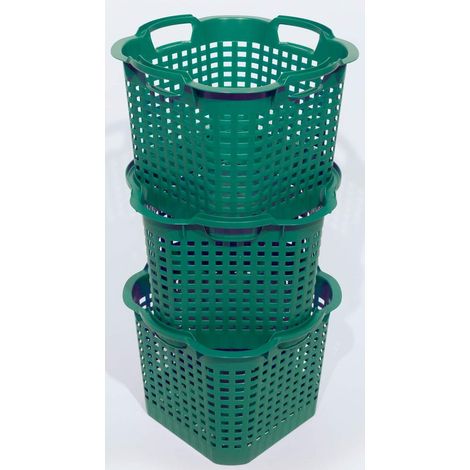 Lot 3 paniers jardin vert 25 L, 40 cm, récolte, empilables rotatifs