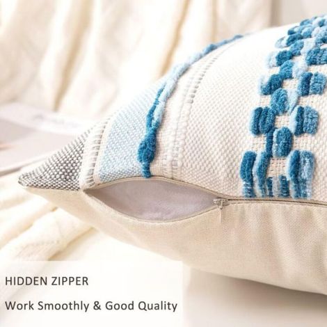 Lot de 2 housses de coussin bohème 45 x 45 cm, style ferme, décoratives, carrées, rayées, en chenille, pour canapé-lit, bleu ciel (1/4)