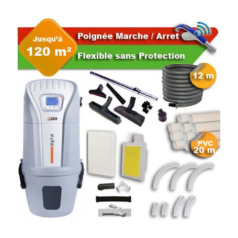Aspirateur central SACH VAC Digital 1.8 kW garantie 4 ans + flexible rétractable 12 m + poignée marche/arrêt + 7 accessoires + kit 1 prise RETRAFLEX + kit prise balai (rayon d'action 120 m2) (1/5)