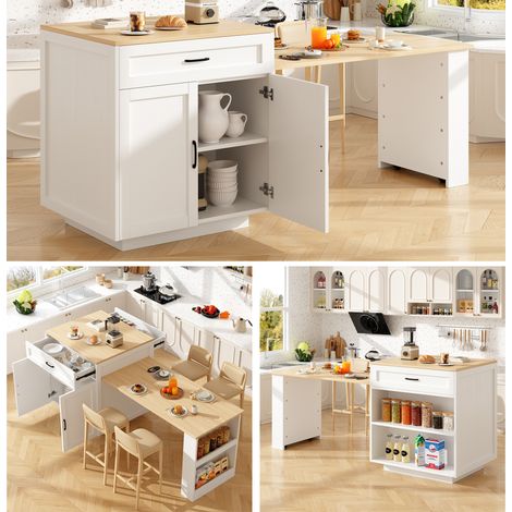 Extendable Bar Table with Storage (133–202 × 70 × 93.5 cm), with 2 Drawers and 2 Compartments, Expandable Kitchen Island Table for 2–6 People, Kitchen Dining Cart with Side Shelves, White.