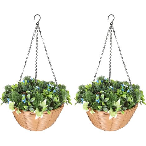 Pack of 2 Faux Plant Artificial Lisianthus Flowers, Hanging Planters with Basket, PE Leaves, 18 Flowers 3 Pinecones, Decorative Faux Plants for Home Office Decor, Green (1/5)
