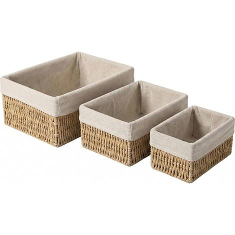 Set di 3 cestini portaoggetti in rattan con fodere in lino rimovibili, impilabili, per dispensa, piani di lavoro e armadi. (1/5)
