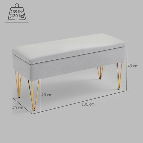 Banc en tissu avec rangement, pieds en acier, 100 x 40 x 49 cm, gris clair (1/5)