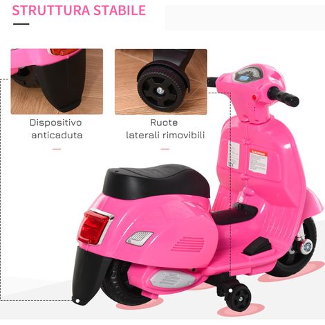 Moto/scooter électrique Vespa pour enfants sous licence officielle, alimenté par une batterie 6V, adapté aux enfants de 18 à 36 mois, avec phare et klaxon, dimensions : 66,5 x 38 x 52 cm, rose. (1/5)