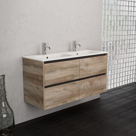 Inda - Badezimmerschrank 4 Schubladen B.120 mit Doppelwaschbecken matt / Natureiche - Smeraldo (1/5)
