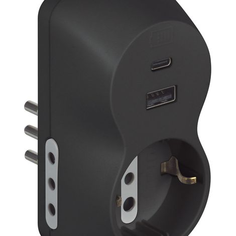 BTicino Adattatore Advance B3 S3613GAC mit Schuko-Steckdose, 2 Steckdosen 10A, USB-A und USB-C, 1500W, Anthrazit