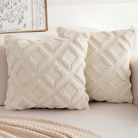 2er Set Boho Kissenbezug 40x40 Beige - Flauschig Zierkissen Kissenbezüge in Wolle, Dekorative Sofakissen Kissenhülle aus Polyester, Dekokissen Bezug für Sofa Schlafzimmer