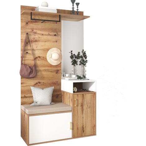 Meuble d'entrée blanc et bois avec miroir, 2 casiers à chaussures pour 9 à 12 paires, banc, 4 crochets et penderie, gain de place pour entrée moderne - CHICFURN (1/5)