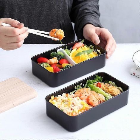 Boîte à lunch, boîte à lunch avec couverts à 2 compartiments, bento japonais pour enfant ou adulte, pour l'école ou le travail (noir)