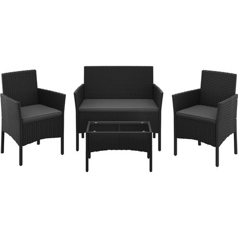 Homevive Conjunto de Conversación de 4 Piezas Muebles de Ratán de Jardín, Sofá de 2 Plazas, 2 Sillones con Cojines y 1 Mesa de Tablero de Vidrio, para Patio Terraza, Negro/Gris (1/5)