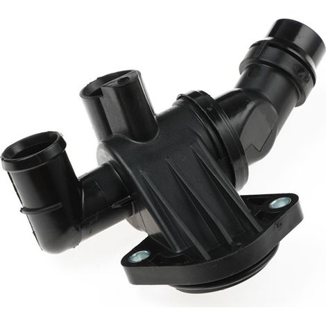 Ein schwarzes Kunststoff-Kühlmittelthermostat, 06F121111F, für Audi A3 TT. (1/4)