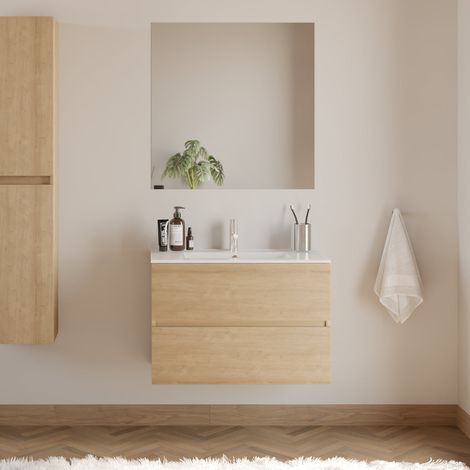 Meuble de salle de bain 70cm simple vasque - 2 tiroirs - nebraska (chêne clair) - IDA (1/5)
