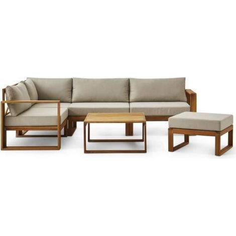 Salon de jardin en bois d'acacia FSC – 6 places – Coussins lin confortables – Banquette d'angle modulable – 255 x 168 x 75 cm – Bocarnea (1/5)