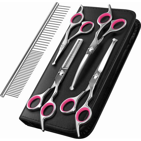 Hundepflegeschere, 5-teiliges Haustierpflege-Werkzeugset aus titanbeschichtetem Edelstahl, Effilier-/gerade/gebogene Schere und Kamm – Rosa (1/5)