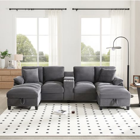 Divano a U 293x142x93 cm, con 2 porte USB, porta bevande, vani contenitore, velluto a coste grigio (1/5)
