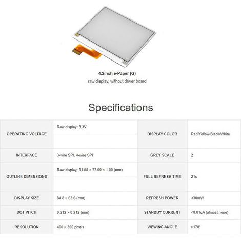 4,2-Zoll-E-Ink-Displaymodul (E-Paper, G), 400 x 300 Pixel, Rot/Gelb/Schwarz/Weiß, SPI-Schnittstelle (1/5)