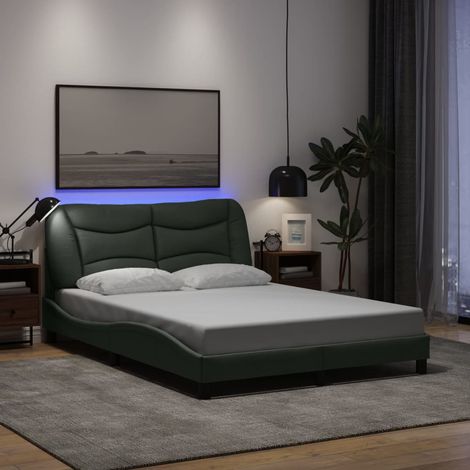 Cadre de lit LED gris foncé Hvar 140x200 cm avec tête de lit LED tissu et lattes contreplaqué (1/4)
