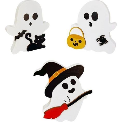 Cute Ghost Halloween Decorations Indoor 3 Pièces Halloween Fantôme Decoration Bois Beau Halloween Decoration pour KIT DE DECORATION (1/2)