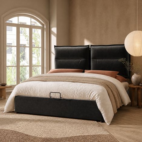 Letto 140x200 cm in velluto nero con contenitore e testiera regolabile, senza materasso – MEUBLIV (1/5)