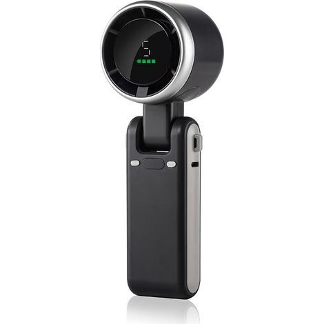 Black portable fan with 5 adjustable wind speeds, 1800 mAh rechargeable battery and brushless motor. (1/5)
