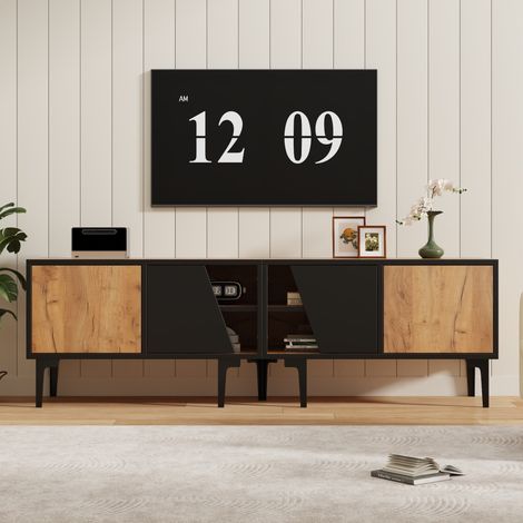 TV-Lowboard 160x36.5x45 cm Naturholzfarbe und Schwarz aus Spanplatte mit 4 Fächern und 7 Stützbeinen (1/5)