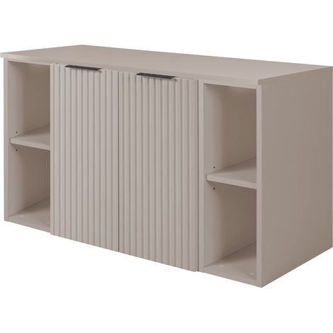 Furnidea - Meuble sous vasque à 2 portes FLOW CACHEMIRE 100 cm avec 2 x l'étagères - extensions et plan - 2 tiroirs - façades rainurées (1/5)