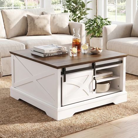 Parrot Uncle Couchtisch mit Stauraum, anhebbare Tischplatte mit Liftfunktion, Schiebetür im Landhausstil, Wohnzimmertisch Industrial Design, Weiß Braun, 80 × 80 × 45 cm