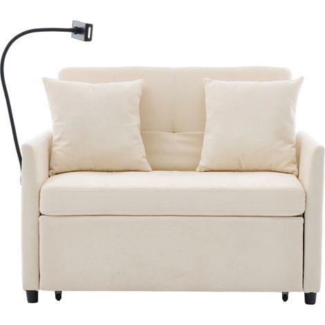 Sofá Cama Convertible 1 Plaza en Tela Lino Cepillado, Puerto USB y Soporte para Tableta, Beige 109 × 72 × 83.5 cm (1/5)