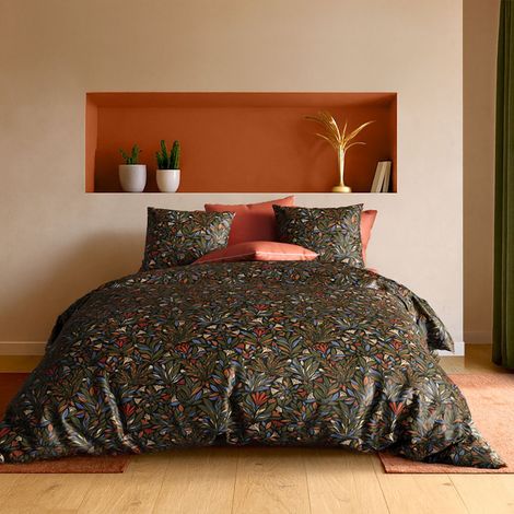 Parure housse de couette 240x220cm + 2 taies motif feuillage vert foncé 100% coton - BOLIVIA (1/4)