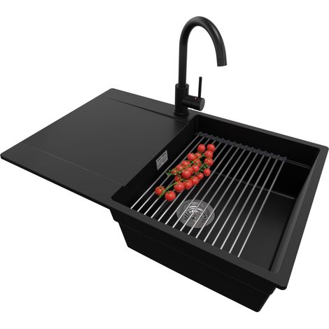 PRIMAGRAN Evier Cuisine en Granit 78x50cm, Lavabo 1 bac + Robinet 32x20cm + Kit de Vidage + Accessoire, Évier à Encastrer au meuble 50cm - San Francisco, Noir