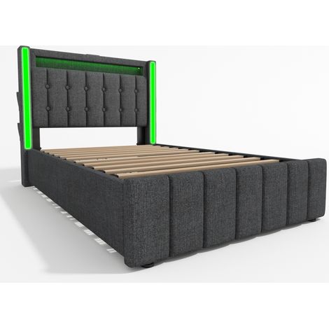 Cama con canapé 90x200 cm gris de lino con LED, USB Type-C y 2 cajones HOMVRA (1/5)