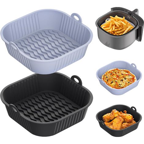 Bandeja para freidora de aire de 5-8 L, 2 piezas de accesorios de molde de silicona para freidora de aire, base elevada, molde de silicona reutilizable para pollo, patatas fritas, pizzas, pasteles y p (1/5)