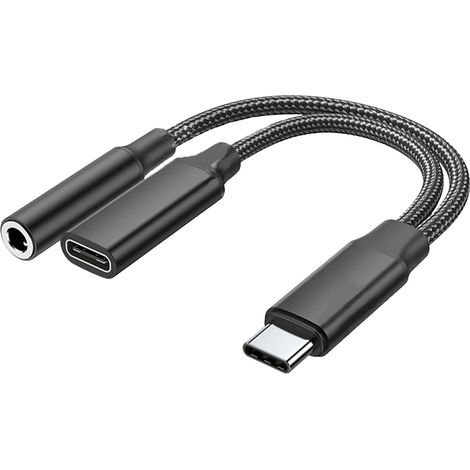 Adaptador USB-C a conector de 3,5 mm con carga rápida, adaptador de carga PD de 60 W tipo C 2 en 1, adaptador de cable de audio para auriculares tipo C trenzado para Xiaomi, iPad Pro, Samsung, Huawei,