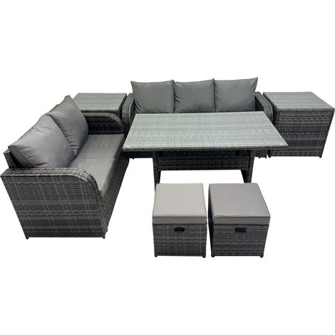 Fimous 7 Seat Outdoor Wicker PE Rattan Garden Furniture Set Dining Table Sofa Sets with 2 Side Tables Small Stool Dark Grey Mixed (1/5)