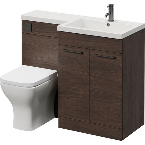 Napoli 460 Brown Oak 1100mm 2 Door Vanity Unit Toilet Suite with Right Hand Square Lucia Basin - 1100mm - Gunmetal Grey 160mm HandleWith Kingston Toilet Pan and Seat