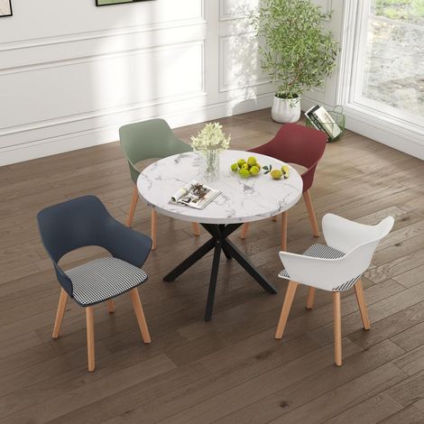 Runder Esstisch mit 4 gepolsterten Stühlen, nordisches Design, Marmor-Optik (1/5)