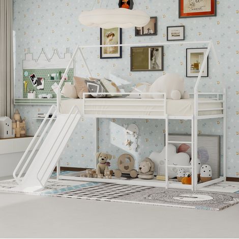 Letto a castello in metallo bianco con scivolo e scala, design casetta, per camera bambini (1/5)